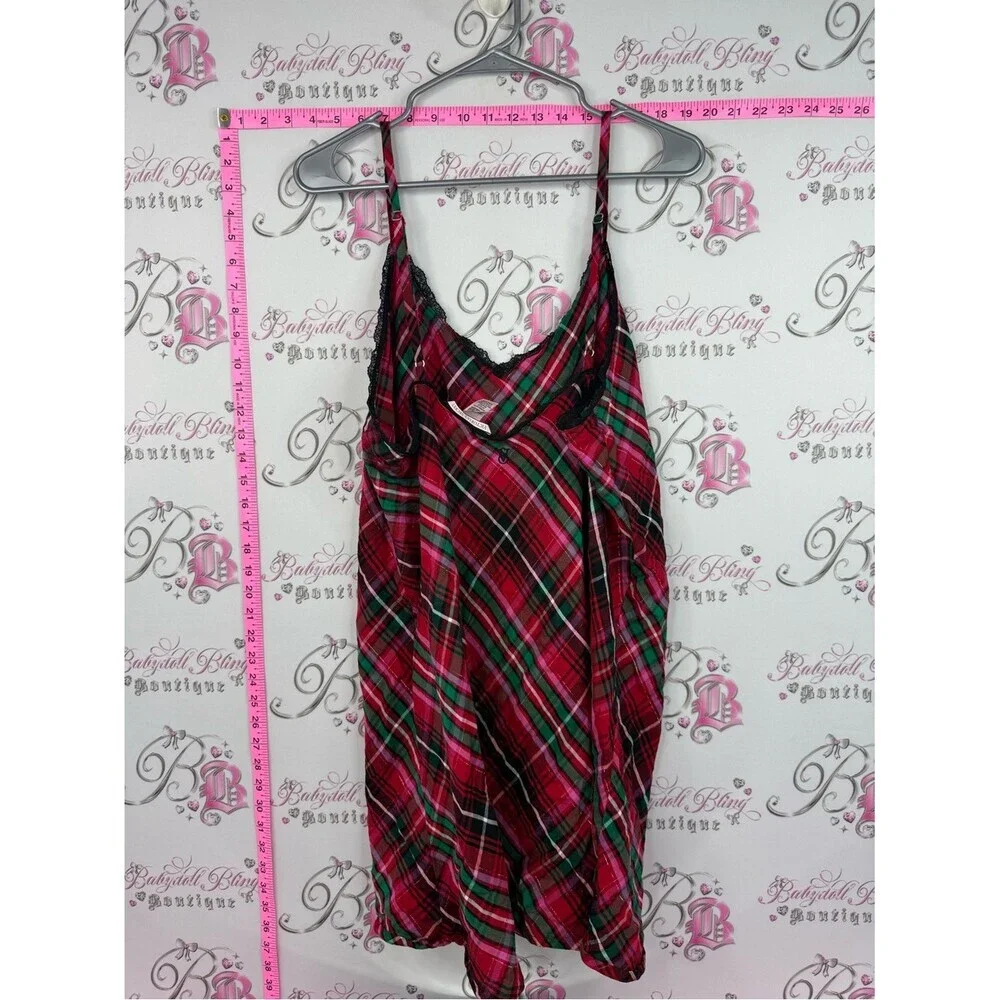 Victoria's Secret dress Red Plaid Satin Chemise with Green & Black Accents